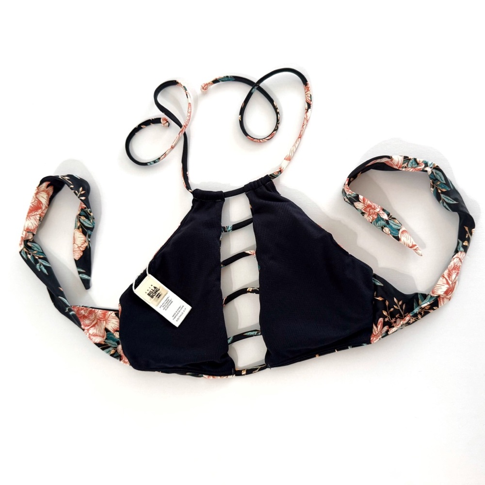 BILLABONG BLACK FLORAL PRINT STRAPPY OPEN CENTER HALTER TOP CINCHED BOTTOM SET - Picture 3 of 4